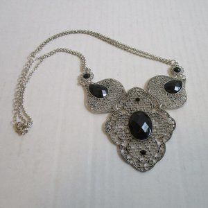 *BOHO Silver Filigree and Black Faceted Gems Necklace